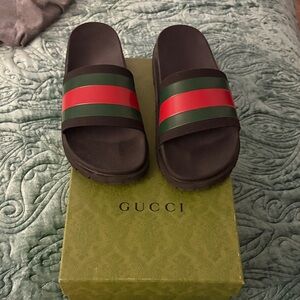 Gucci Black Slides with Red and Green Stripes